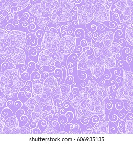 Vector seamless pattern with lilac and white ornament. Tile in Eastern style. Ornamental lace tracery. Ornate swirl geometrical decor for wallpaper.Traditional arabic decor.