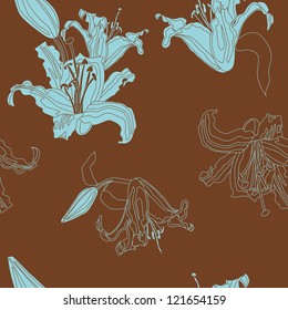 Vector seamless pattern lilies flowers with bud and leaves