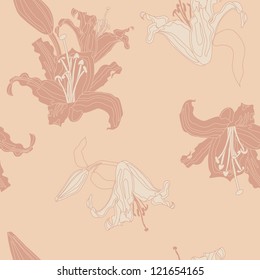 Vector seamless pattern lilies flowers with bud and leaves