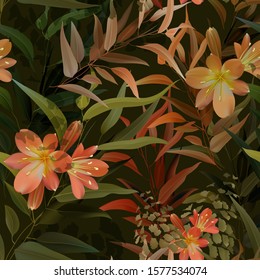 VECTOR SEAMLESS PATTERN OF LILIES AND FLOWERS, WARM EARTH COLORS, GREEN, ORANGE, BROWN, STOCK, DARK BACKGROUND FOR TEXTILES, WALLPAPERS, PACKAGING BAGS