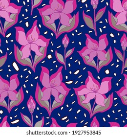 vector seamless pattern of lilies with opened leaves and buds on a contrasting background with dots. Botanical illustration for fabrics, textiles, wallpapers, papers, backgrounds.