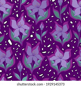 vector seamless pattern of lilies with opened leaves and buds on a contrasting background with dots. Botanical illustration for fabrics, textiles, wallpapers, papers, backgrounds.