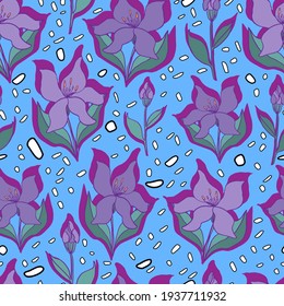 vector seamless pattern of lilies with opened leaves and buds on a contrasting background with dots. Botanical illustration for fabrics, textiles, wallpapers, papers, backgrounds.