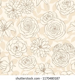 Vector seamless pattern with lily, camellia, peony and rose flowers line art on the beige background. Hand drawn floral ornament of blossoms in sketch style. Usable for textile, fabric, wrapping paper
