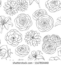 Vector seamless pattern with lily, chrysanthemum, camellia, peony and rose flowers line art on the white background. Hand drawn floral ornament of blossoms in sketch style. Usable for coloring books.