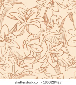 Vector seamless pattern with lily, flowers and leaves line art on vintage pink background. Hand drawn floral repeat ornament of blossoms in clean lines style. Usable for colouring books.  