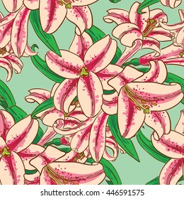 Vector seamless pattern with lily flowers in doodle line art style