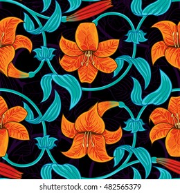 Vector seamless pattern with lily flowers on dark background. tropical summer, bright blue and orange colors.