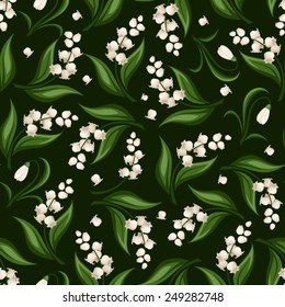 Vector seamless pattern with lily of the valley and snowdrop flowers on dark green.