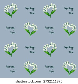 Patrón sin fisuras de Vector con flores de lirio del valle en forma de corazones. Fondo floral de primavera.