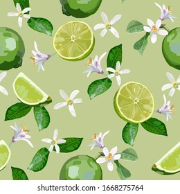 Vector seamless pattern with lime, lime slices and lime flowers.