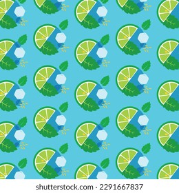 Vector seamless pattern with lime slices, mint leaves and ice cubes. Fresh fruits and greens wallpaper.Mojito cocktail pattern.
