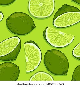 Vector Seamless Pattern of Limes on Green Background