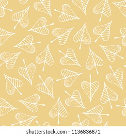 Vector seamless pattern of linden leaves. White linear autumn leaves on yellow background. Fall boundless background. Tileable elements.