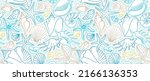 Vector seamless pattern of line art tropical sea elements, seashells, seastars. Doodles of marine life. Sea decor for scrapbook, background, wallpaper. Ocean, sea creatures. Maritime illustration