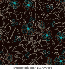 Vector seamless pattern, line art design. Cute abstract dog-rose flowers with berries and leaves, hand drawn sketch style. Perfect for wallpaper, paper, fabric, cotton, texture in vintage style