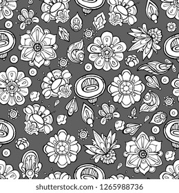 Vector seamless pattern with line art flowers on gray background