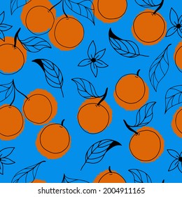 Patrón vectorial sin fisuras con frutos de arte de línea y salpicaduras naranjas en un fondo azul brillante
