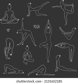 Vector seamless pattern in line art style of woman doing yoga. Set of yoga poses. Dark background. Pattern for yoga studio, textile. Girl in a yoga pose