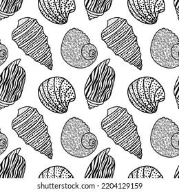 Vector seamless pattern. Line art sketch seashells. Isolated background. Decoration symbol of health calcium. Summer, sand and beach design. Repetitive ornament.
