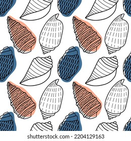 Vector seamless pattern. Line art sketch seashells. Isolated background. Decoration symbol of health calcium. Summer, sand and beach design. Repetitive ornament.
