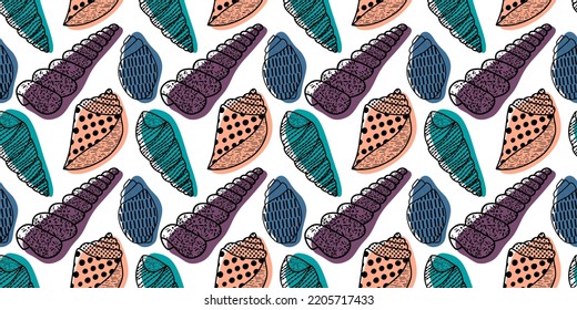 Vector seamless pattern. Line art sketch seashells. Isolated background. Decoration symbol of health calcium. Summer, sand and beach design. Repetitive ornament.
