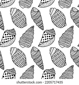 Vector seamless pattern. Line art sketch seashells. Isolated background. Decoration symbol of health calcium. Summer, sand and beach design. Repetitive ornament.
