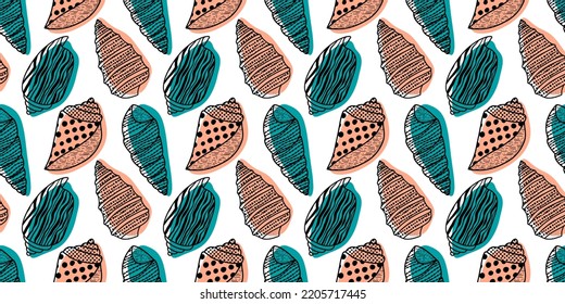 Vector seamless pattern. Line art sketch seashells. Isolated background. Decoration symbol of health calcium. Summer, sand and beach design. Repetitive ornament.
