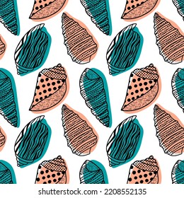 Vector seamless pattern. Line art sketch seashells. Isolated background. Decoration symbol of health calcium. Summer, sand and beach design. Repetitive ornament.
