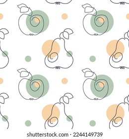Vector seamless pattern with line art pears and apples. Fruit contour wallpaper. Texture with a healthy food.