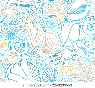 Vector seamless pattern of line art tropical sea elements, seashells, starfish. Doodles of marine life. Sea decor for scrapbook, background, decoration, wallpaper. Ocean invertebrates, sea creatures. 