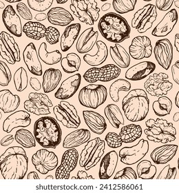 Vector seamless pattern of line art mix nut. Hand painted nuts on pastel beige background. Tasty food illustration for design, print, fabric or background.