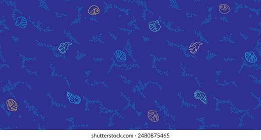 Vector seamless pattern of line art tropical sea elements, seashells, starfish. Doodles of marine life. Sea decor for scrapbook, card, decoration, design. Ocean creatures. Maritime illustration