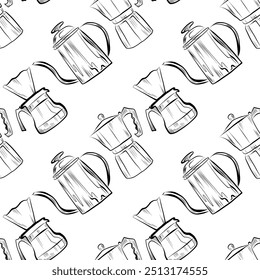 vector seamless pattern line art elements coffee shop, coffee pot, coffee filter, teapot