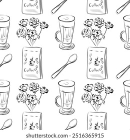 vector seamless pattern line art elements coffee shop flowers, bag of coffee, cup with coffee drink