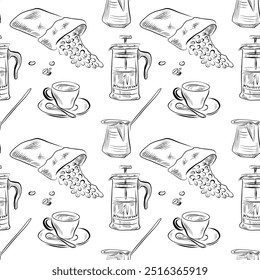 vector seamless pattern line art elements coffee shop Turkish coffee, cup, teapot, bag of coffee beans