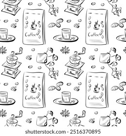 vector seamless pattern line art elements coffee shop bag of coffee, coffee grinder, cup, spices, flower