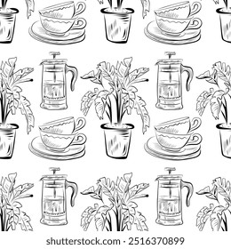 vector seamless pattern line art elements coffee shop coffee pot, two cups, coffee filter, flower