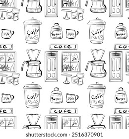 vector seamless pattern line art elements coffee shop coffee pot, cup, coffee filter, cafe facade