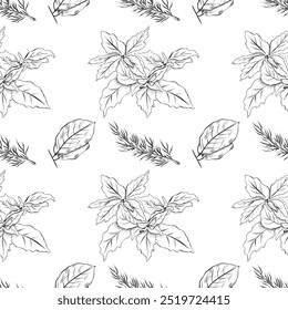 vector seamless pattern line art elements - greek food, cuisine basil, laurel, greens