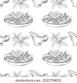 vector seamless pattern line art elements - food, cuisine