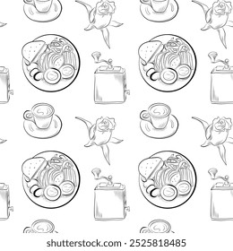 vector seamless pattern line art elements - food, cuisine