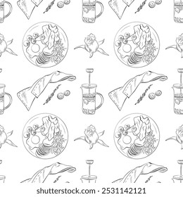 vector seamless pattern line art elements - food, cuisine breakfast