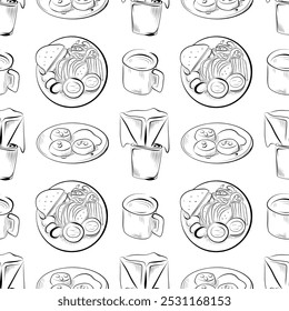 vector seamless pattern line art elements - food, cuisine breakfast plate with eggs, cheese, vegetables and lavash, cottage cheese pancakes, fresh coffee