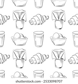 vector seamless pattern line art elements - food, cuisine breakfast boiled eggs, glass, croissant, fresh coffee