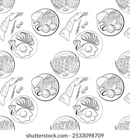 vector seamless pattern line art elements - food, cuisine breakfast plate with eggs, cheese, vegetables and lavash, plate with waffles, fried eggs, towel, spices