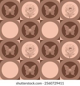 Vector seamless pattern of line art butterflies and Poppy flowers with Mocha mousse color trend of 2025, repeat pattern in brown shade with geometric form and line arts.