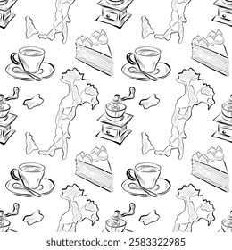 vector seamless pattern line art elements - food, cuisine