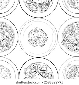 vector seamless pattern line art elements - food, cuisine