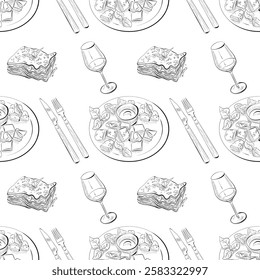 vector seamless pattern line art elements - food, cuisine